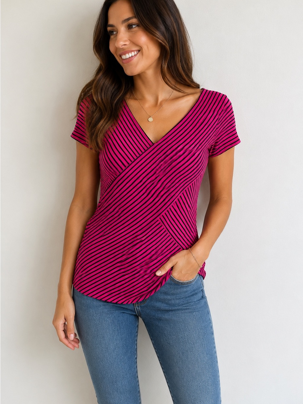 Vince Camuto Women’s Pink Black Striped Faux Wrap Top Size S Stretch NWT